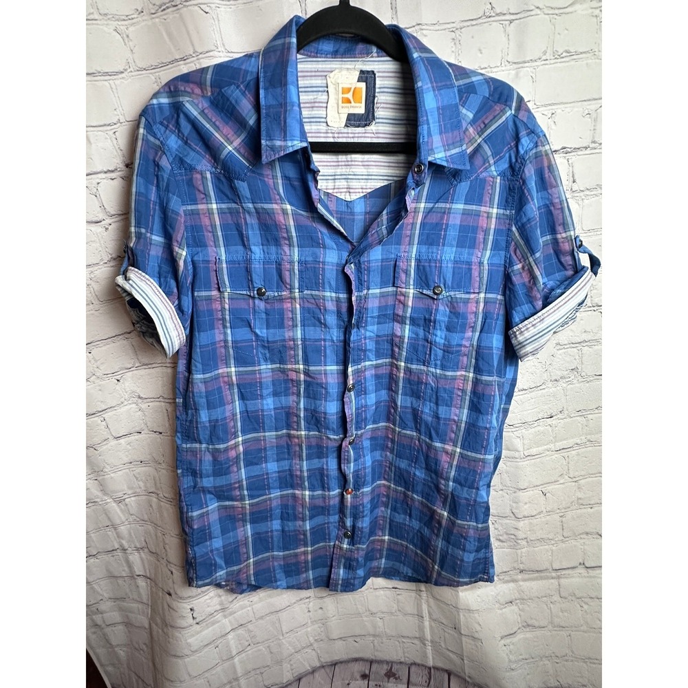 BOSS Orange Plaid Shirt Short Sleeve Button Up Casual Blue